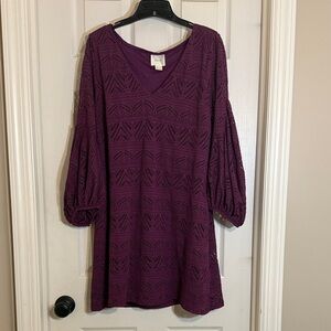 Maeve by Anthropologie Plum crochet fit and flare dress. Bell sleeves. Size M.